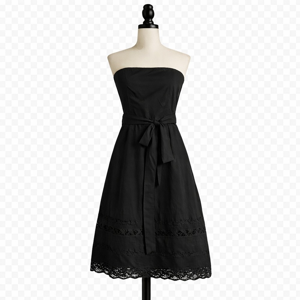 LOFT Womens 12 Strapless Midi Dress Black Eyelet Hem Fit Flare Cotton 8212A